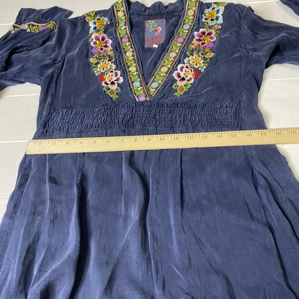 Johnny Was Navy Embroidered Dress Long Sleeve V‎ Neck Women's Size XS